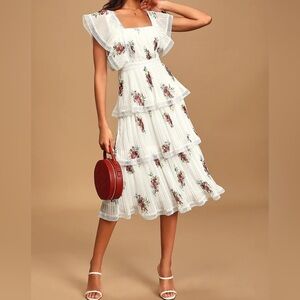 Lulus Thriving Romance White Floral Print Tiered Midi Dress